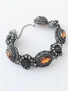 Antique PERUZZI Florence 800 Silver Ornate Rosette Faceted Citrine Link Bracelet